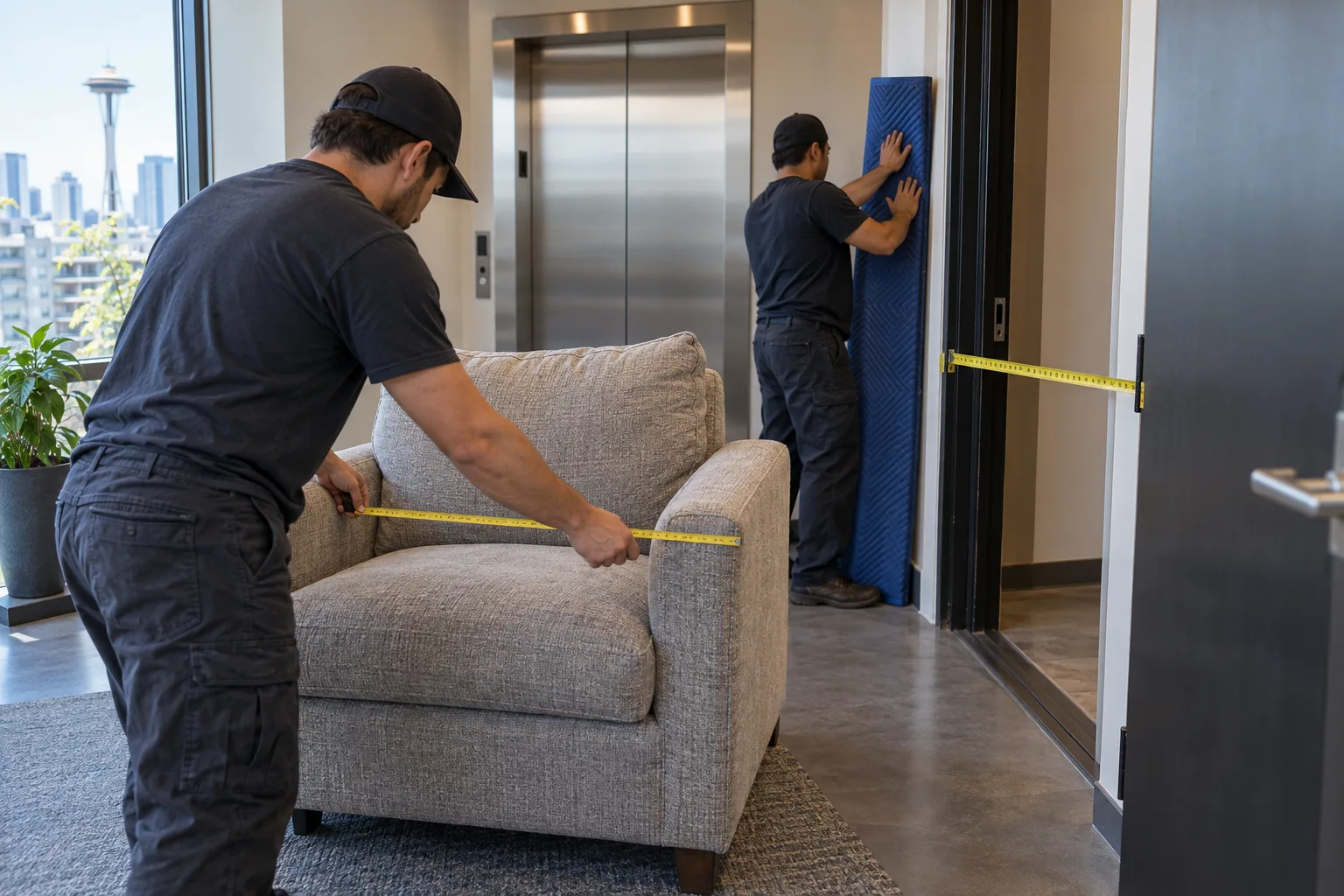 Mover measuring an armchair and elevator opening